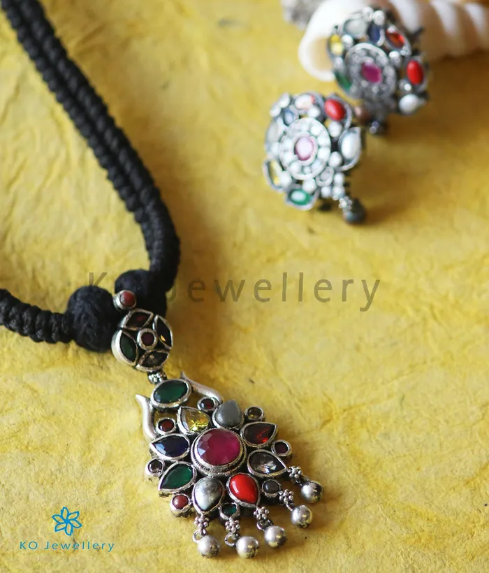 Silversmith Necklaces The Raaga Silver Navratna Thread Necklace Oxidised