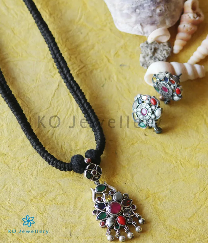 Silversmith Necklaces The Raaga Silver Navratna Thread Necklace Oxidised