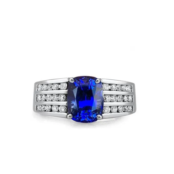 Sri Lankan Cushion Sapphire With Natural Earth Mined Diamonds Ring 350 Ct Gold White 14K GB Rings Sri Lankan Cushion Sapphire With Natural Earth Mined Diamonds Ring 350 Ct Gold White 14K GB Rings