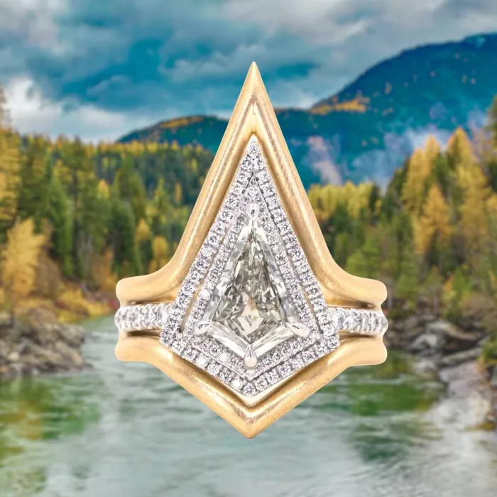 125ct GIA Kite Shaped Diamond Halo Platinum Ring and Jacket in 18k Yellow Gold Anueva Jewelry Rings 125ct GIA Kite Shaped Diamond Halo Platinum Ring and Jacket in 18k Yellow Gold Anueva Jewelry Rings