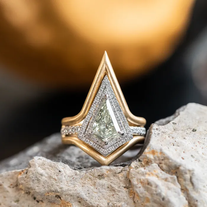 125ct GIA Kite Shaped Diamond Halo Platinum Ring and Jacket in 18k Yellow Gold Anueva Jewelry Rings