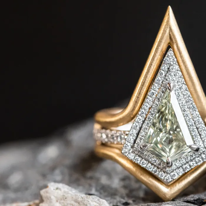 125ct GIA Kite Shaped Diamond Halo Platinum Ring and Jacket in 18k Yellow Gold Anueva Jewelry Rings