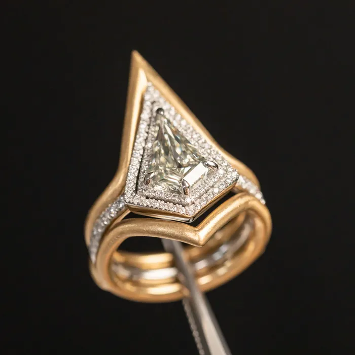 125ct GIA Kite Shaped Diamond Halo Platinum Ring and Jacket in 18k Yellow Gold Anueva Jewelry Rings