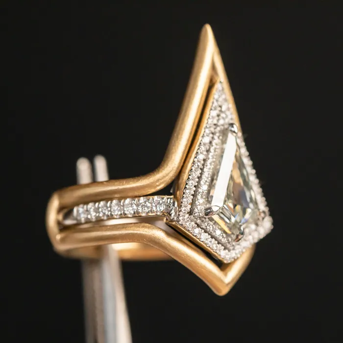 125ct GIA Kite Shaped Diamond Halo Platinum Ring and Jacket in 18k Yellow Gold Anueva Jewelry Rings