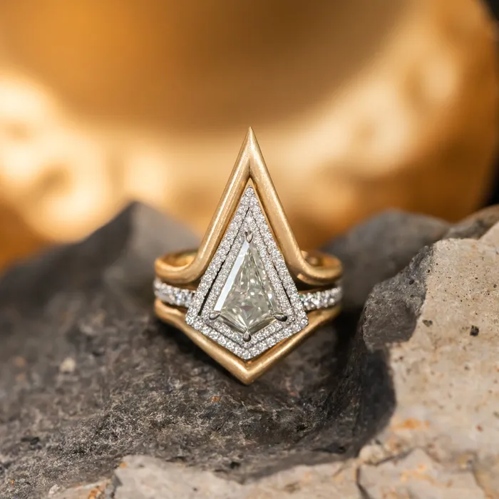 125ct GIA Kite Shaped Diamond Halo Platinum Ring and Jacket in 18k Yellow Gold Anueva Jewelry Rings