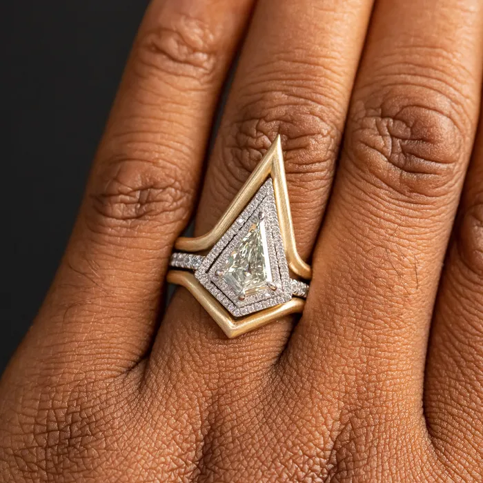 125ct GIA Kite Shaped Diamond Halo Platinum Ring and Jacket in 18k Yellow Gold Anueva Jewelry Rings