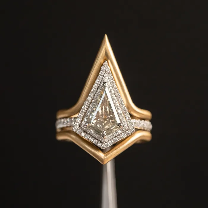 125ct GIA Kite Shaped Diamond Halo Platinum Ring and Jacket in 18k Yellow Gold Anueva Jewelry Rings