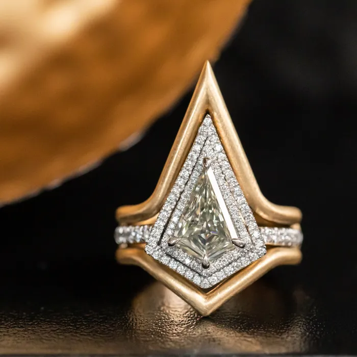 125ct GIA Kite Shaped Diamond Halo Platinum Ring and Jacket in 18k Yellow Gold Anueva Jewelry Rings
