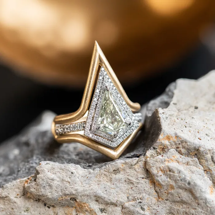 125ct GIA Kite Shaped Diamond Halo Platinum Ring and Jacket in 18k Yellow Gold Anueva Jewelry Rings