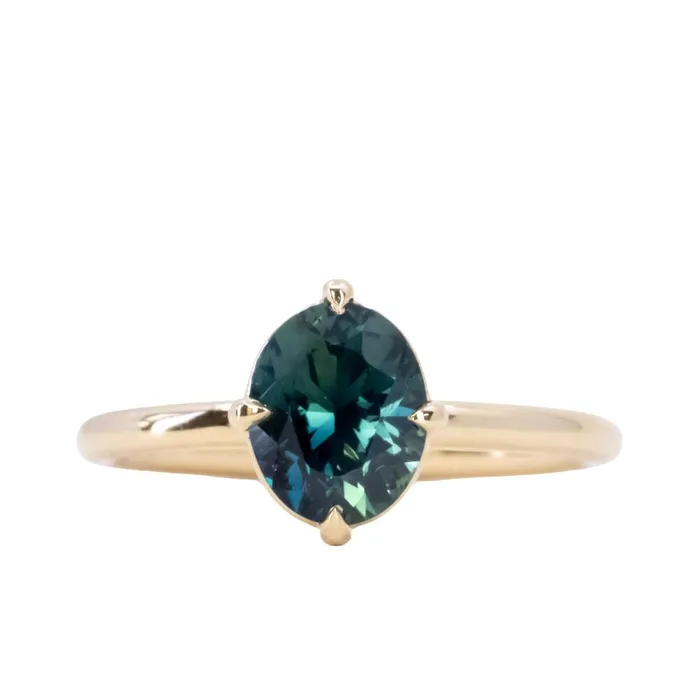 165ct Untreated Deep Teal Nigerian Oval Sapphire Four Prong Compass Set Solitaire in 18k Yellow Gold Brume PreStyled Sets