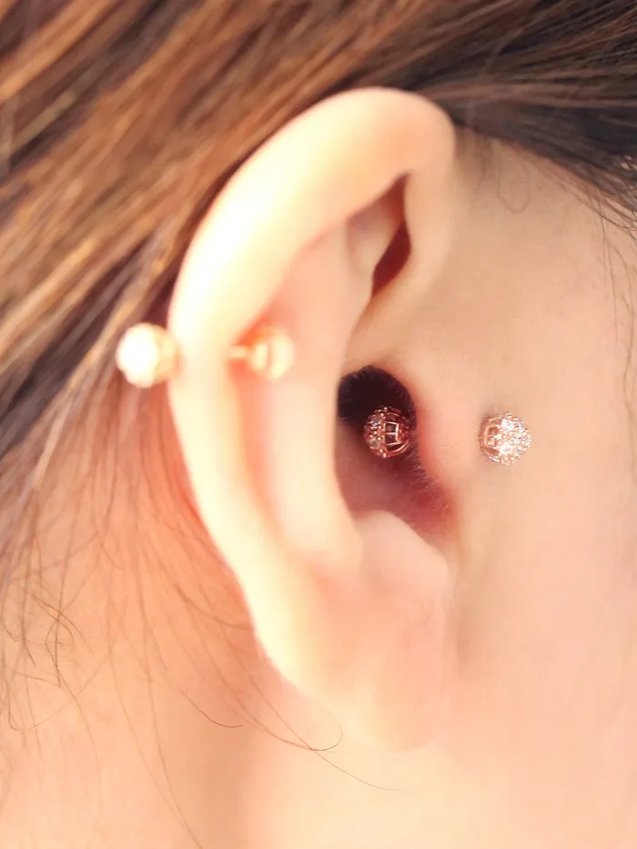 14K Gold Double Cubic Ball Cartilage Earring 18G MinimalBijoux Earrings