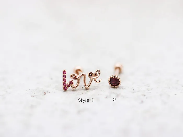 14K Gold Ruby Love and Round CZ Cartilage Earring 18g16g MinimalBijoux Earrings