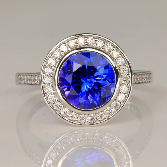 14K White Gold Tanzanite and Diamond Halo Ring 288 Carats Moriartys Gem Art Rings 14K White Gold Tanzanite and Diamond Halo Ring 288 Carats Moriartys Gem Art Rings