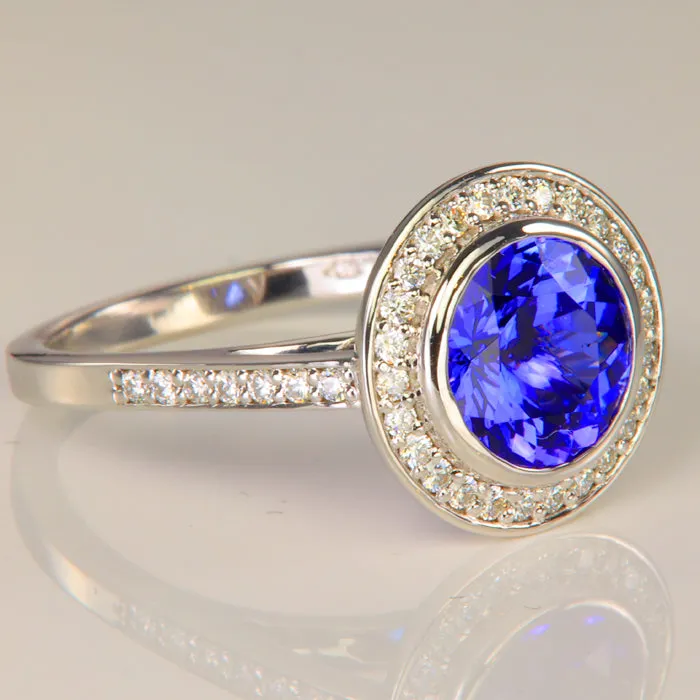 14K White Gold Tanzanite and Diamond Halo Ring 288 Carats Moriartys Gem Art Rings