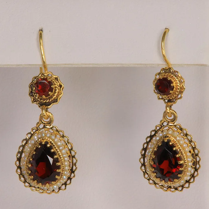14K Yellow Gold Garnet and Seed Pearl Dangle Earrings 500 Carats Moriartys Gem Art Earrings 14K Yellow Gold Garnet and Seed Pearl Dangle Earrings 500 Carats Moriartys Gem Art Earrings