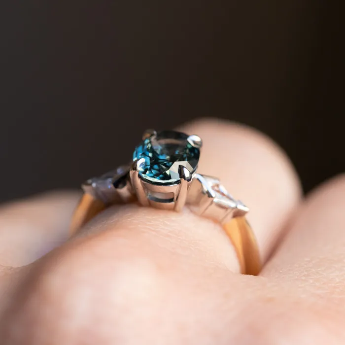 201ct Untreated Oval Songean Color Shifting Sapphire and Natural Kite Diamond Three Stone Ring in Two Tone 18k Yellow and Platinum Anueva Jewelry Rings