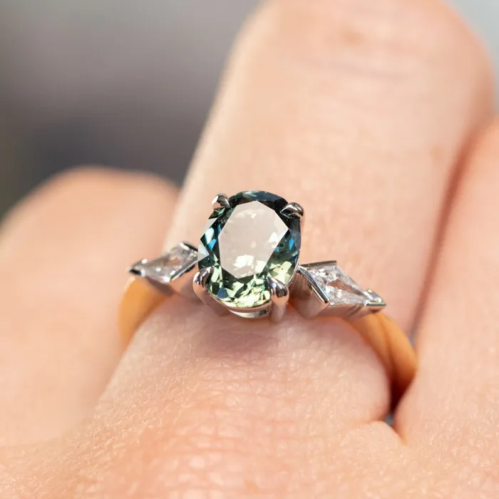 201ct Untreated Oval Songean Color Shifting Sapphire and Natural Kite Diamond Three Stone Ring in Two Tone 18k Yellow and Platinum Anueva Jewelry Rings