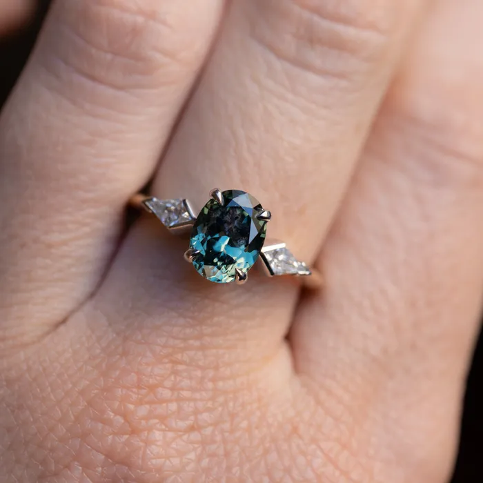 201ct Untreated Oval Songean Color Shifting Sapphire and Natural Kite Diamond Three Stone Ring in Two Tone 18k Yellow and Platinum Anueva Jewelry Rings
