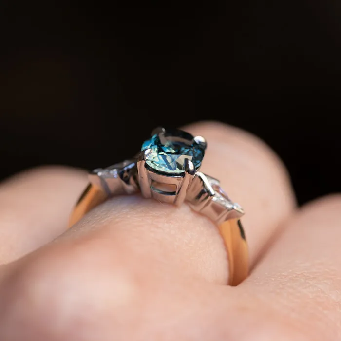 201ct Untreated Oval Songean Color Shifting Sapphire and Natural Kite Diamond Three Stone Ring in Two Tone 18k Yellow and Platinum Anueva Jewelry Rings