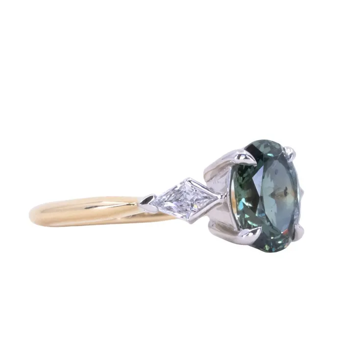 201ct Untreated Oval Songean Color Shifting Sapphire and Natural Kite Diamond Three Stone Ring in Two Tone 18k Yellow and Platinum Anueva Jewelry Rings