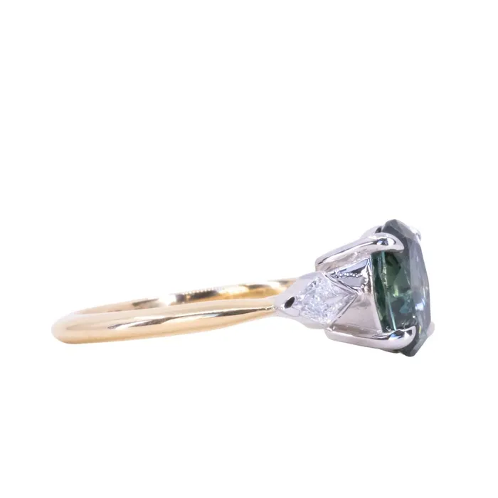 201ct Untreated Oval Songean Color Shifting Sapphire and Natural Kite Diamond Three Stone Ring in Two Tone 18k Yellow and Platinum Anueva Jewelry Rings