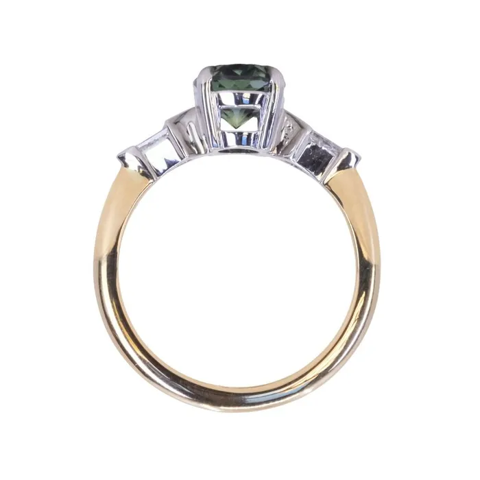 201ct Untreated Oval Songean Color Shifting Sapphire and Natural Kite Diamond Three Stone Ring in Two Tone 18k Yellow and Platinum Anueva Jewelry Rings