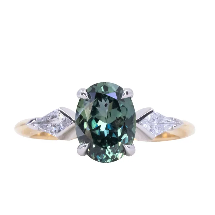 201ct Untreated Oval Songean Color Shifting Sapphire and Natural Kite Diamond Three Stone Ring in Two Tone 18k Yellow and Platinum Anueva Jewelry Rings