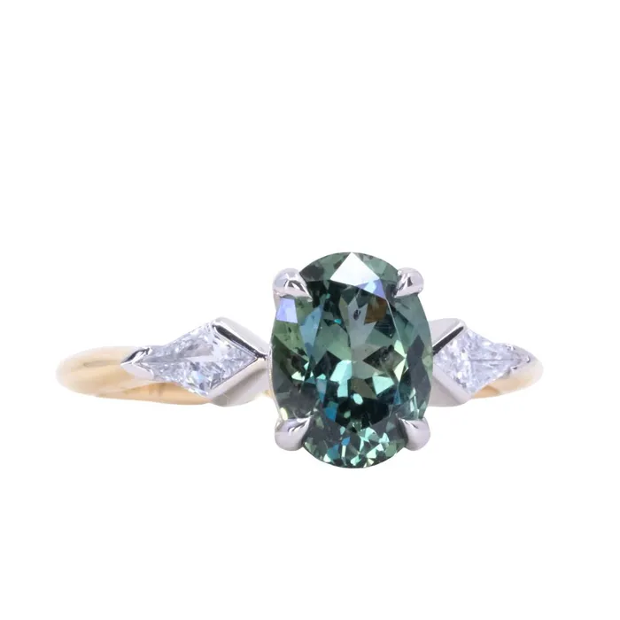 201ct Untreated Oval Songean Color Shifting Sapphire and Natural Kite Diamond Three Stone Ring in Two Tone 18k Yellow and Platinum Anueva Jewelry Rings