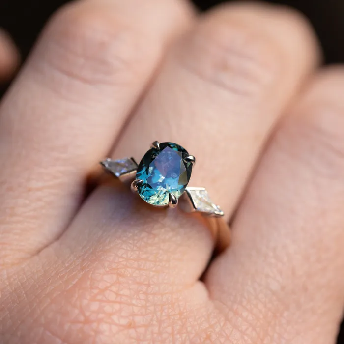 201ct Untreated Oval Songean Color Shifting Sapphire and Natural Kite Diamond Three Stone Ring in Two Tone 18k Yellow and Platinum Anueva Jewelry Rings