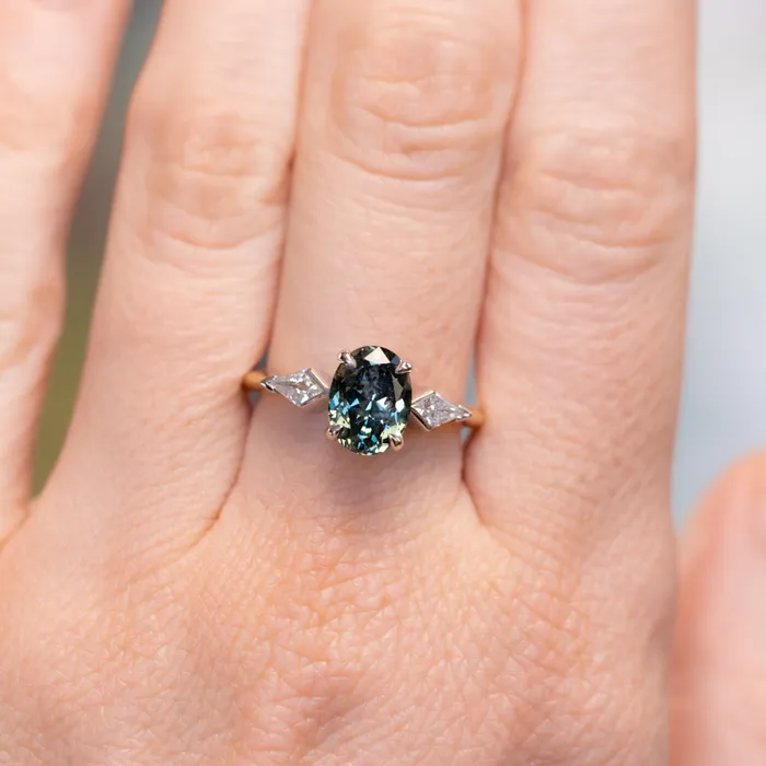 201ct Untreated Oval Songean Color Shifting Sapphire and Natural Kite Diamond Three Stone Ring in Two Tone 18k Yellow and Platinum Anueva Jewelry Rings