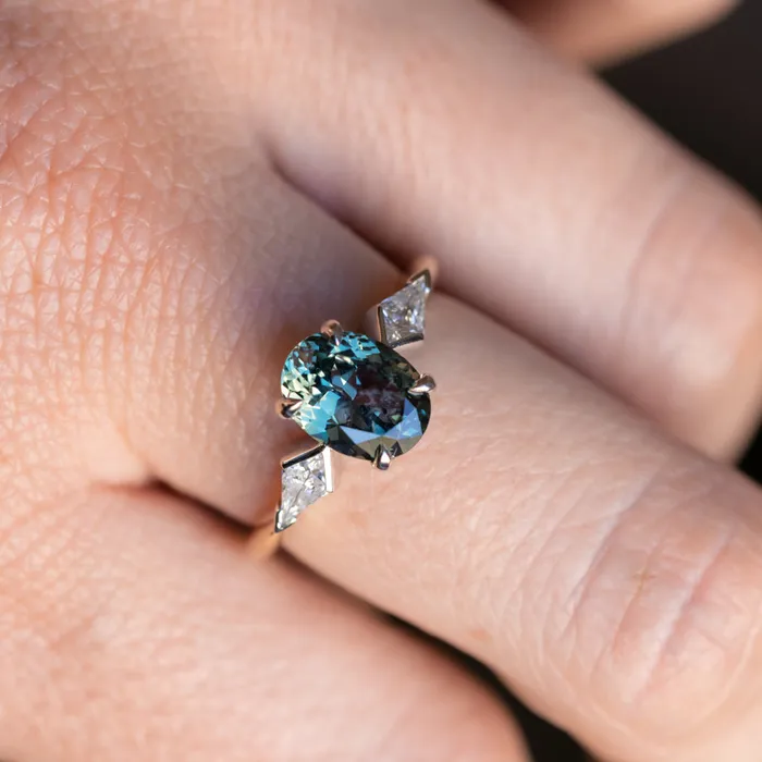 201ct Untreated Oval Songean Color Shifting Sapphire and Natural Kite Diamond Three Stone Ring in Two Tone 18k Yellow and Platinum Anueva Jewelry Rings
