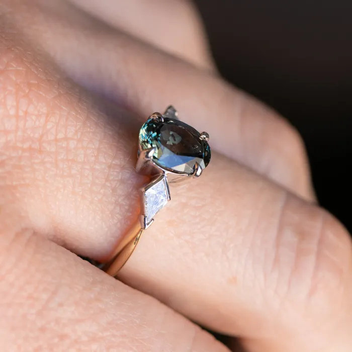 201ct Untreated Oval Songean Color Shifting Sapphire and Natural Kite Diamond Three Stone Ring in Two Tone 18k Yellow and Platinum Anueva Jewelry Rings