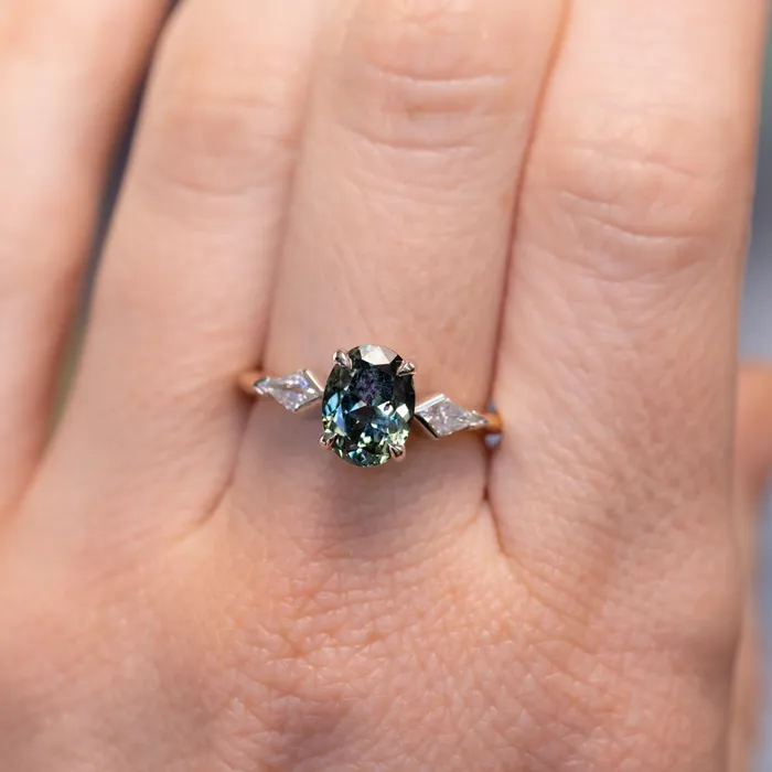 201ct Untreated Oval Songean Color Shifting Sapphire and Natural Kite Diamond Three Stone Ring in Two Tone 18k Yellow and Platinum Anueva Jewelry Rings