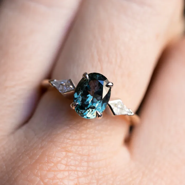 201ct Untreated Oval Songean Color Shifting Sapphire and Natural Kite Diamond Three Stone Ring in Two Tone 18k Yellow and Platinum Anueva Jewelry Rings