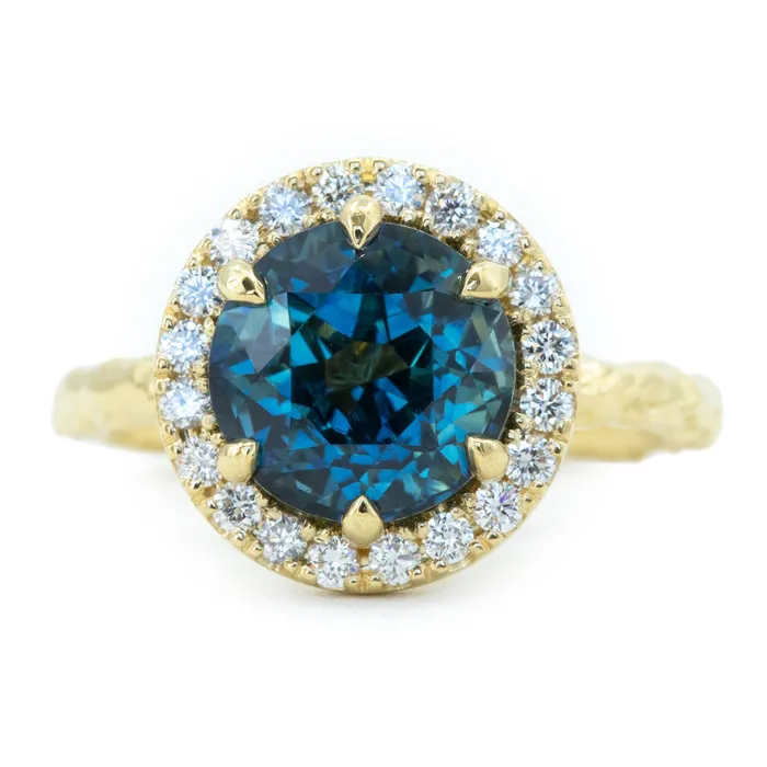 427ct Blue Madagascar Sapphire Six Prong Halo Evergreen Ring in 18k yellow gold Anueva Jewelry Rings 427ct Blue Madagascar Sapphire Six Prong Halo Evergreen Ring in 18k yellow gold Anueva Jewelry Rings
