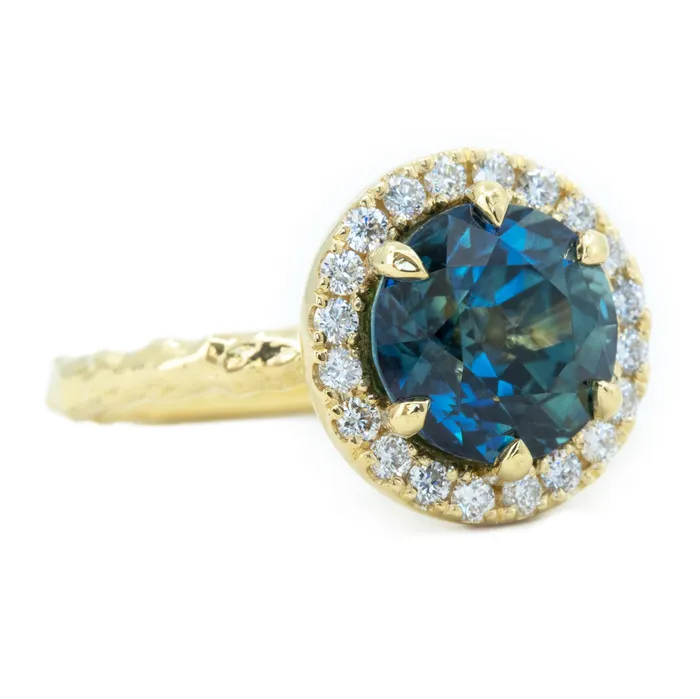 427ct Blue Madagascar Sapphire Six Prong Halo Evergreen Ring in 18k yellow gold Anueva Jewelry Rings