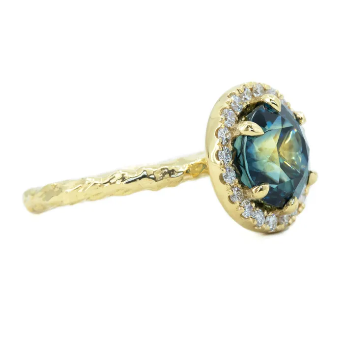 427ct Blue Madagascar Sapphire Six Prong Halo Evergreen Ring in 18k yellow gold Anueva Jewelry Rings