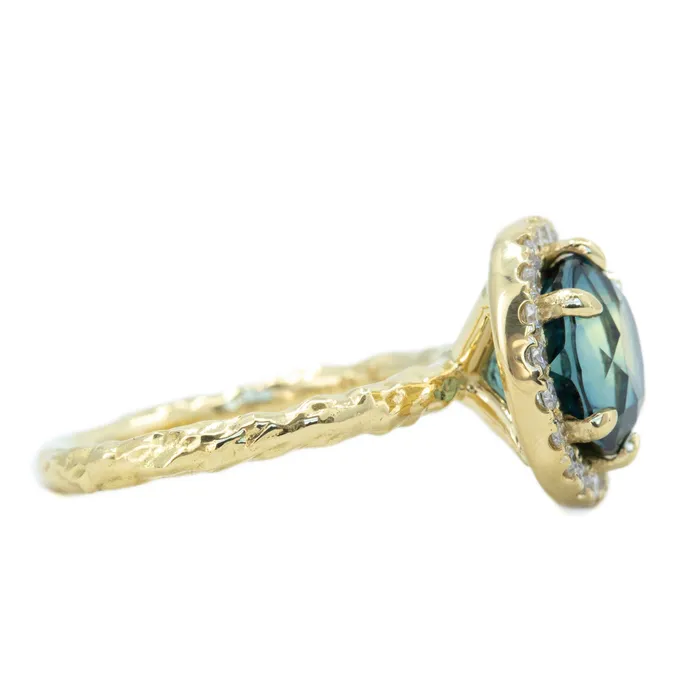 427ct Blue Madagascar Sapphire Six Prong Halo Evergreen Ring in 18k yellow gold Anueva Jewelry Rings