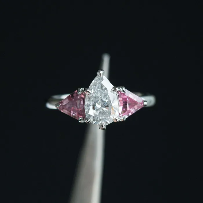 Anueva Jewelry 120ct Pear Shaped Diamond and Pink Spinel Three Stone Ring in Recycled Platinum Rings Anueva Jewelry 120ct Pear Shaped Diamond and Pink Spinel Three Stone Ring in Recycled Platinum Rings