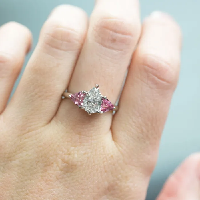 Anueva Jewelry 120ct Pear Shaped Diamond and Pink Spinel Three Stone Ring in Recycled Platinum Rings