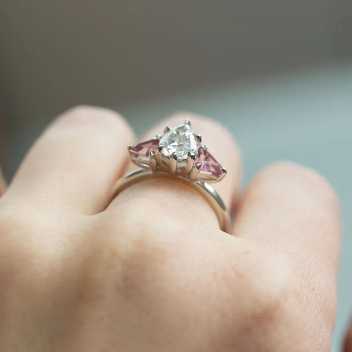 Anueva Jewelry 120ct Pear Shaped Diamond and Pink Spinel Three Stone Ring in Recycled Platinum Rings
