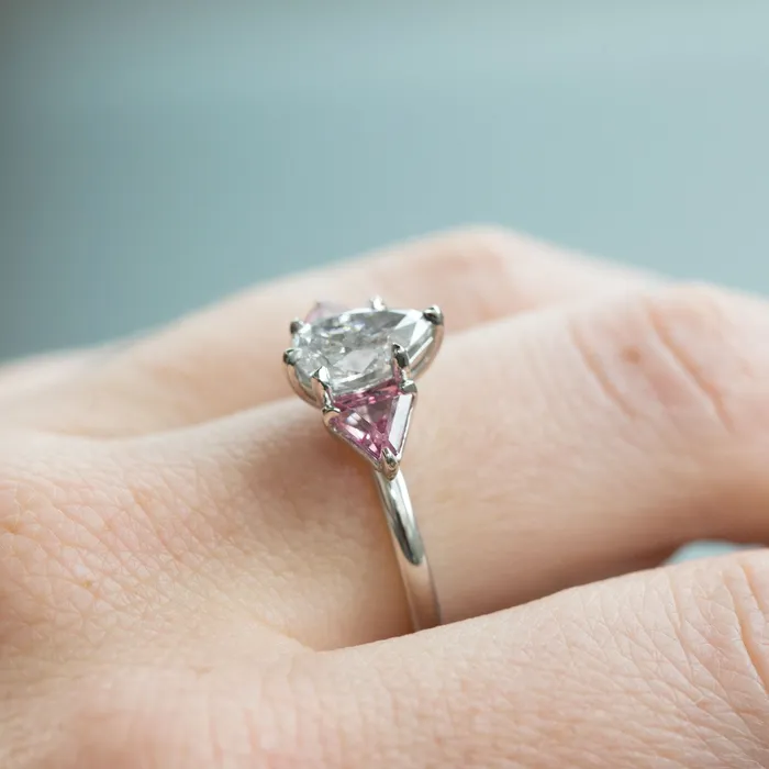 Anueva Jewelry 120ct Pear Shaped Diamond and Pink Spinel Three Stone Ring in Recycled Platinum Rings