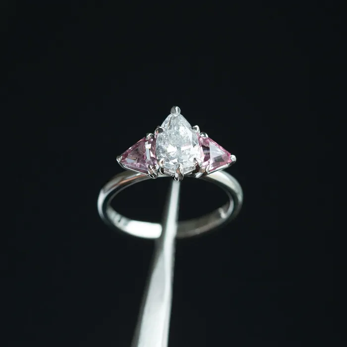 Anueva Jewelry 120ct Pear Shaped Diamond and Pink Spinel Three Stone Ring in Recycled Platinum Rings