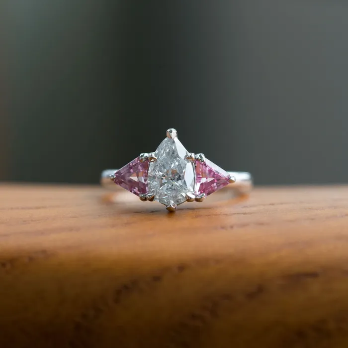 Anueva Jewelry 120ct Pear Shaped Diamond and Pink Spinel Three Stone Ring in Recycled Platinum Rings