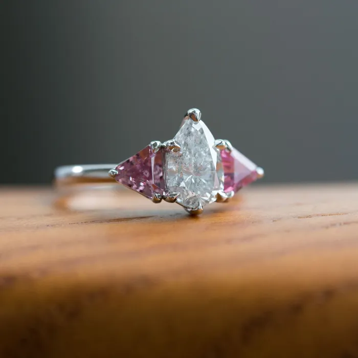 Anueva Jewelry 120ct Pear Shaped Diamond and Pink Spinel Three Stone Ring in Recycled Platinum Rings