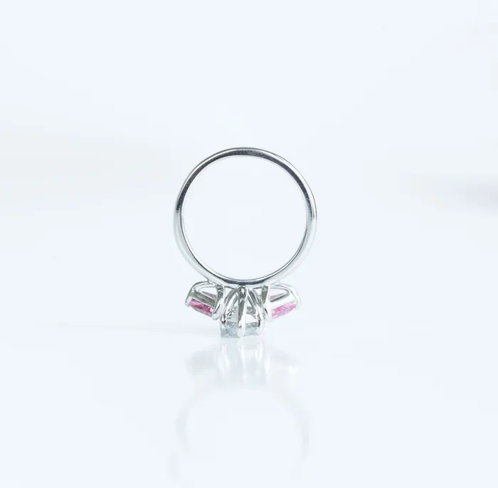 Anueva Jewelry 120ct Pear Shaped Diamond and Pink Spinel Three Stone Ring in Recycled Platinum Rings