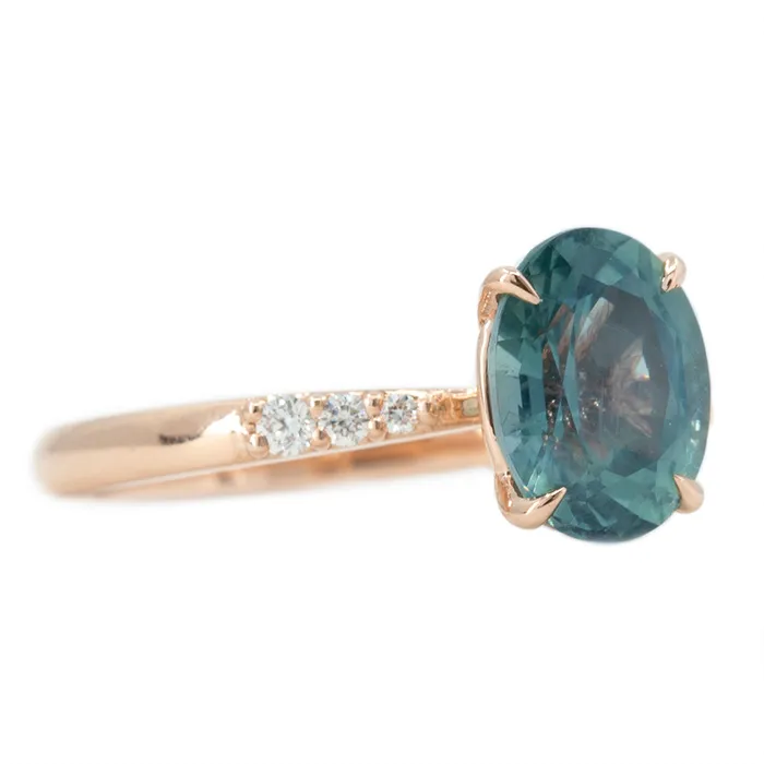 Anueva Jewelry Earrings 250ct Teal Montana Sapphire Solitaire with Tapered Diamonds in 14k Rose Gold