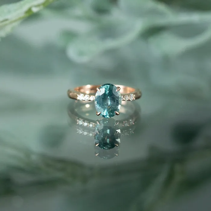 Anueva Jewelry Earrings 250ct Teal Montana Sapphire Solitaire with Tapered Diamonds in 14k Rose Gold