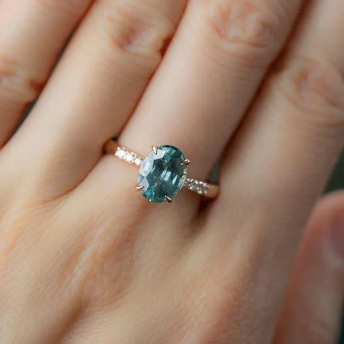 Anueva Jewelry Earrings 250ct Teal Montana Sapphire Solitaire with Tapered Diamonds in 14k Rose Gold