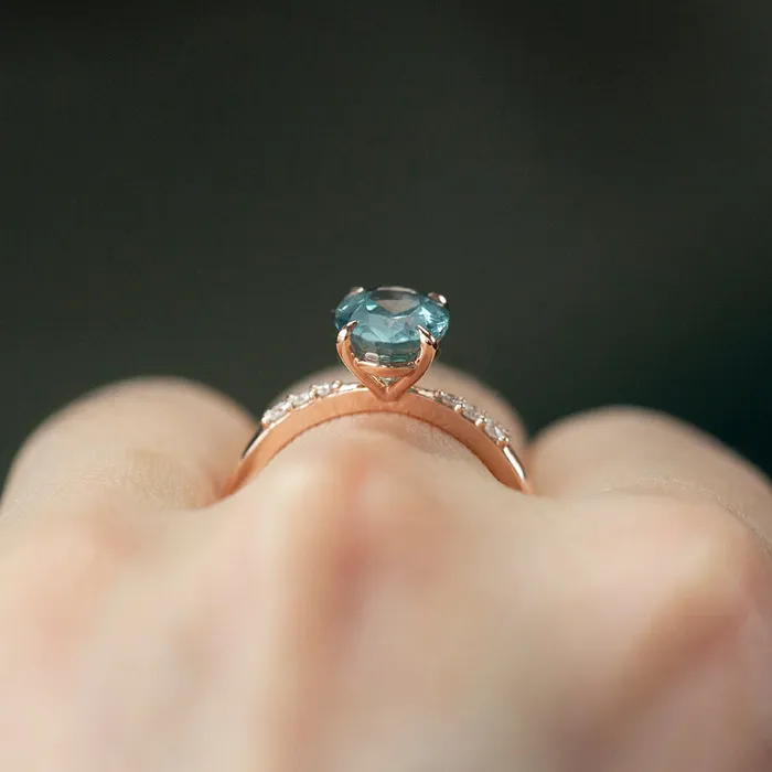 Anueva Jewelry Earrings 250ct Teal Montana Sapphire Solitaire with Tapered Diamonds in 14k Rose Gold